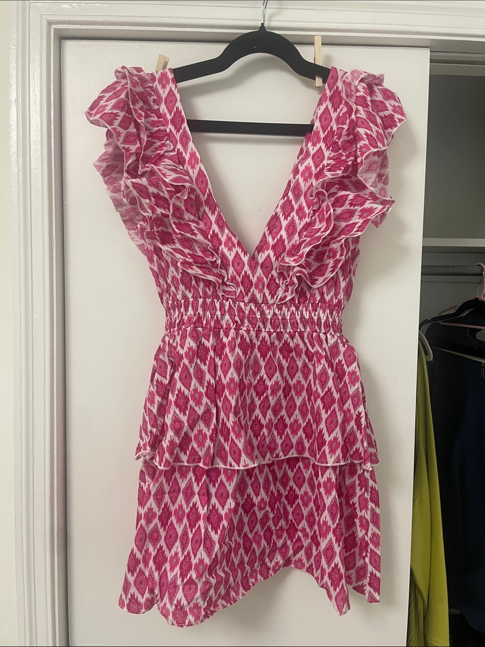 Ruffled Deep V Pink Printed Mini Dress